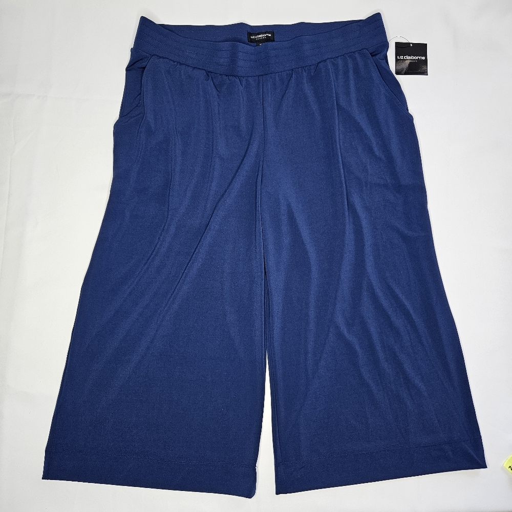 Liz Claiborne Career Wide Leg Cropped Pants Woman XL-Tall Navy Blue Strech